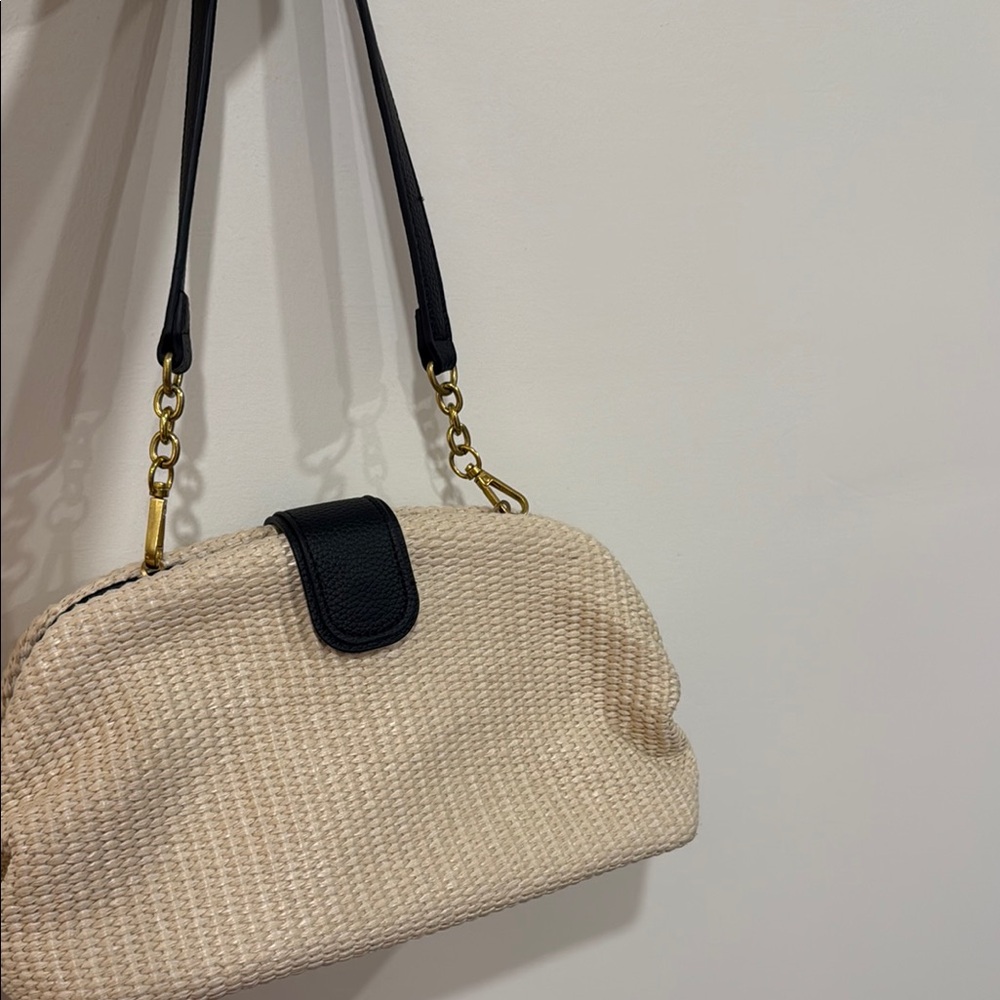 Neutral Woven Shoulder Bag with Black Trim